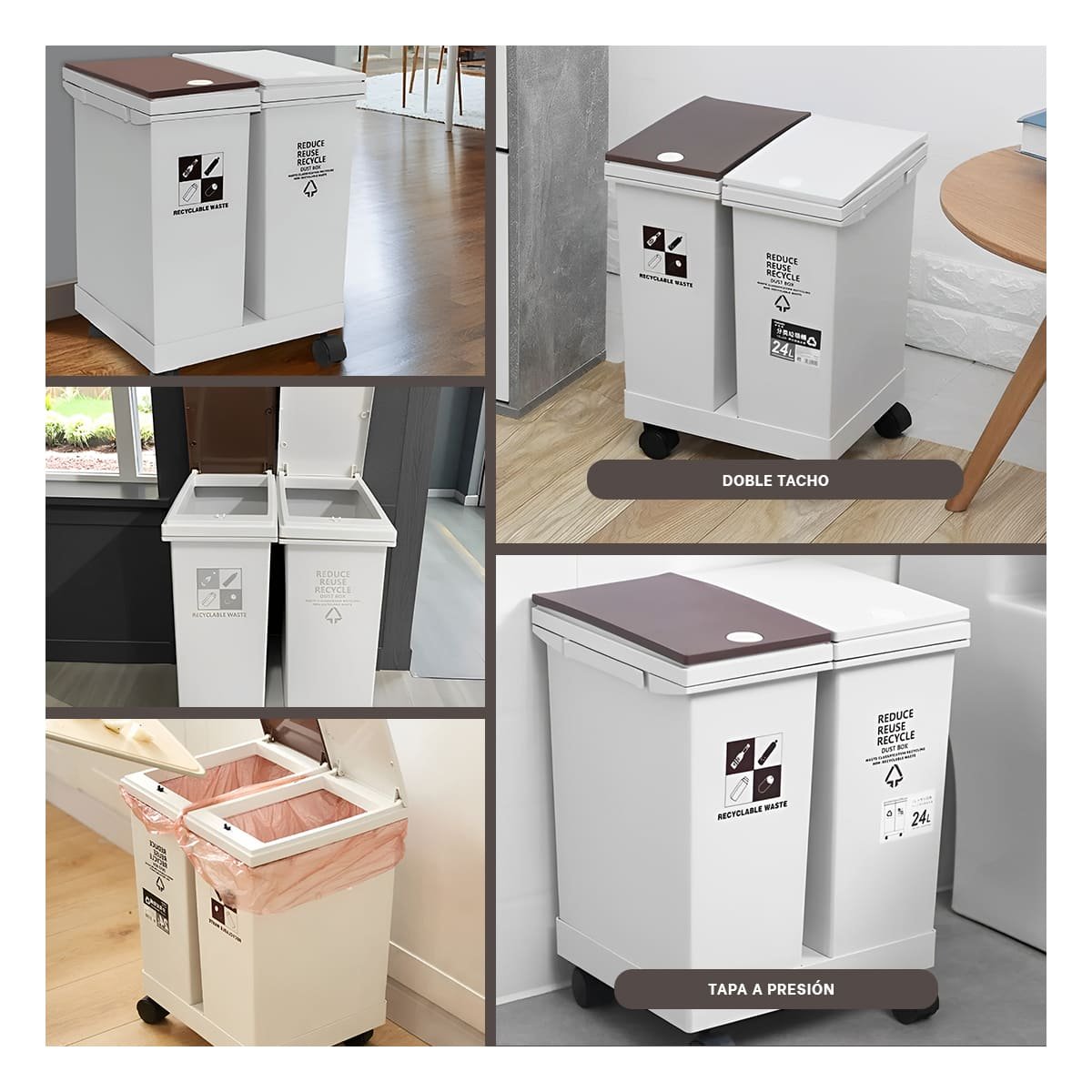 TACHO DE BASURA DOBLE 24L PARA COCINA Y HOGAR BLANCO FUNCIONAL - 2