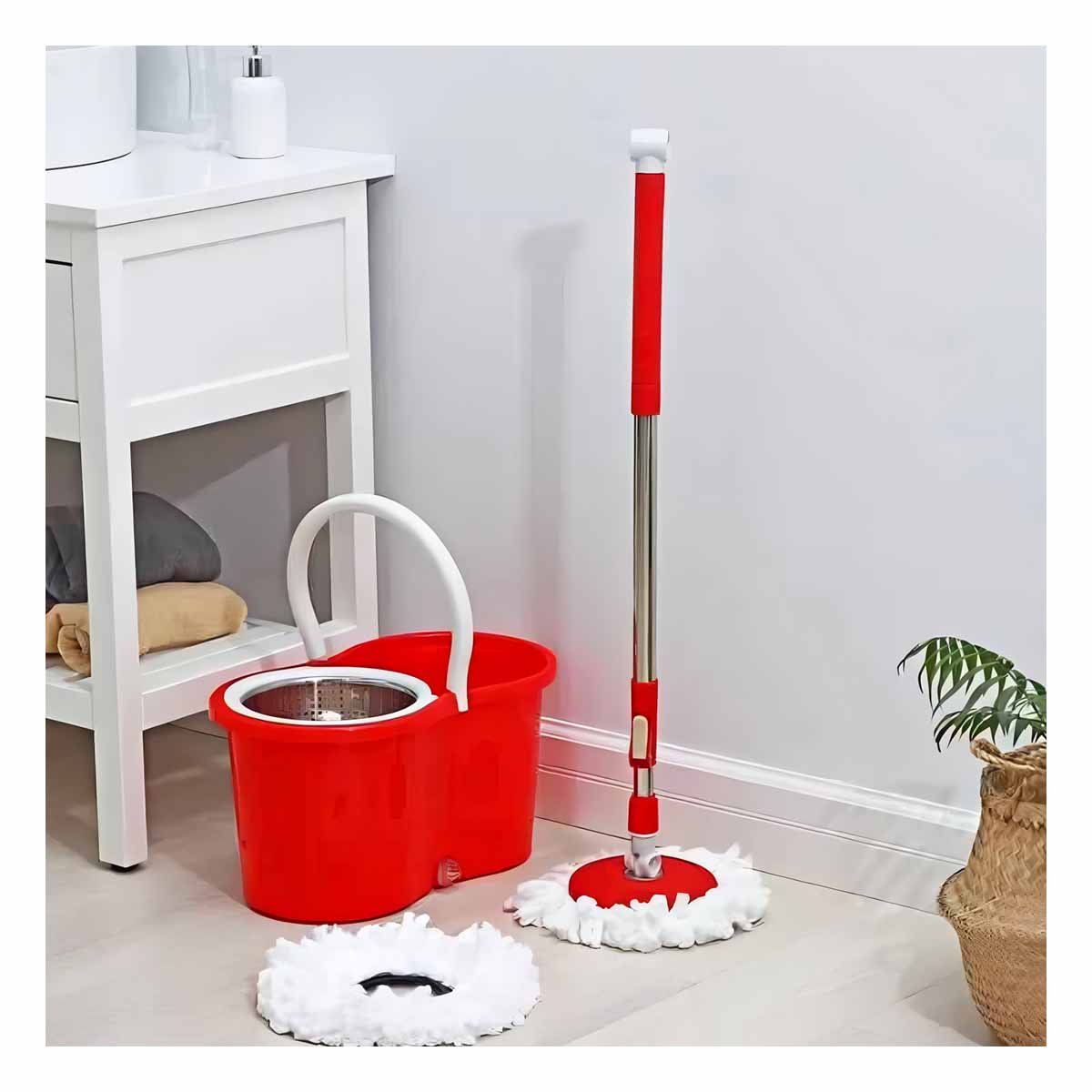 MOPA GIRATORIA 360 CON BALDE CENTRIFUGADOR ROJO PARA LIMPIEZA DEL HOGAR Y+PAPEL REGALO - 1