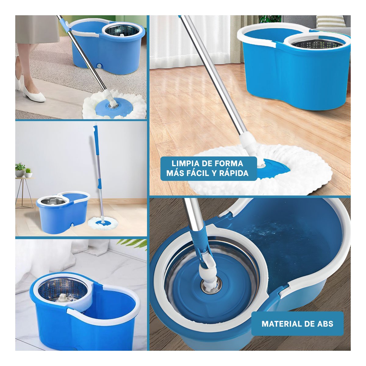 ESCOBILLON GIRATORIO 360 CON BALDE CENTRIFUGADOR AZUL PARA USO DIARIO EN CASA Y+LIGAS REGALO - 1