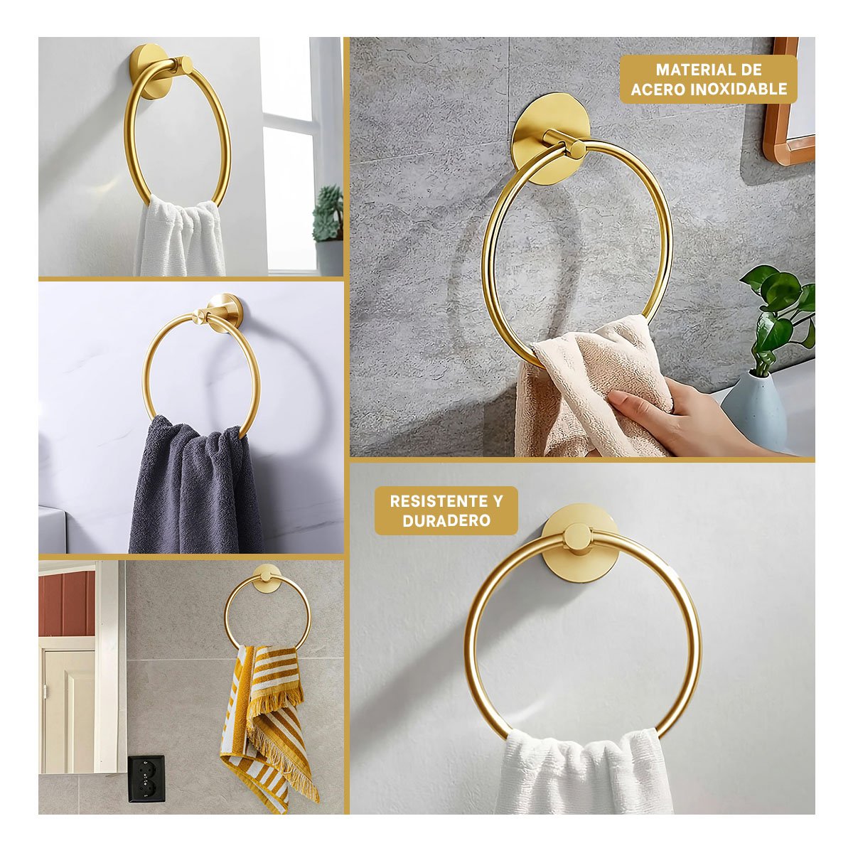 TOALLERO DE ANILLO PARA PARED CON SUJECION FIRME Y USO DIARIO DORADO - 2