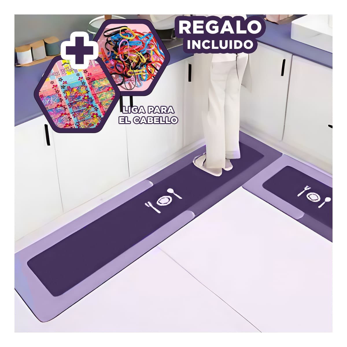 ALFOMBRILLA DE PISO CON SUPERFICIE ANTIDESLIZANTE PARA COCINA MORADO Y+LIGAS REGALO - 2