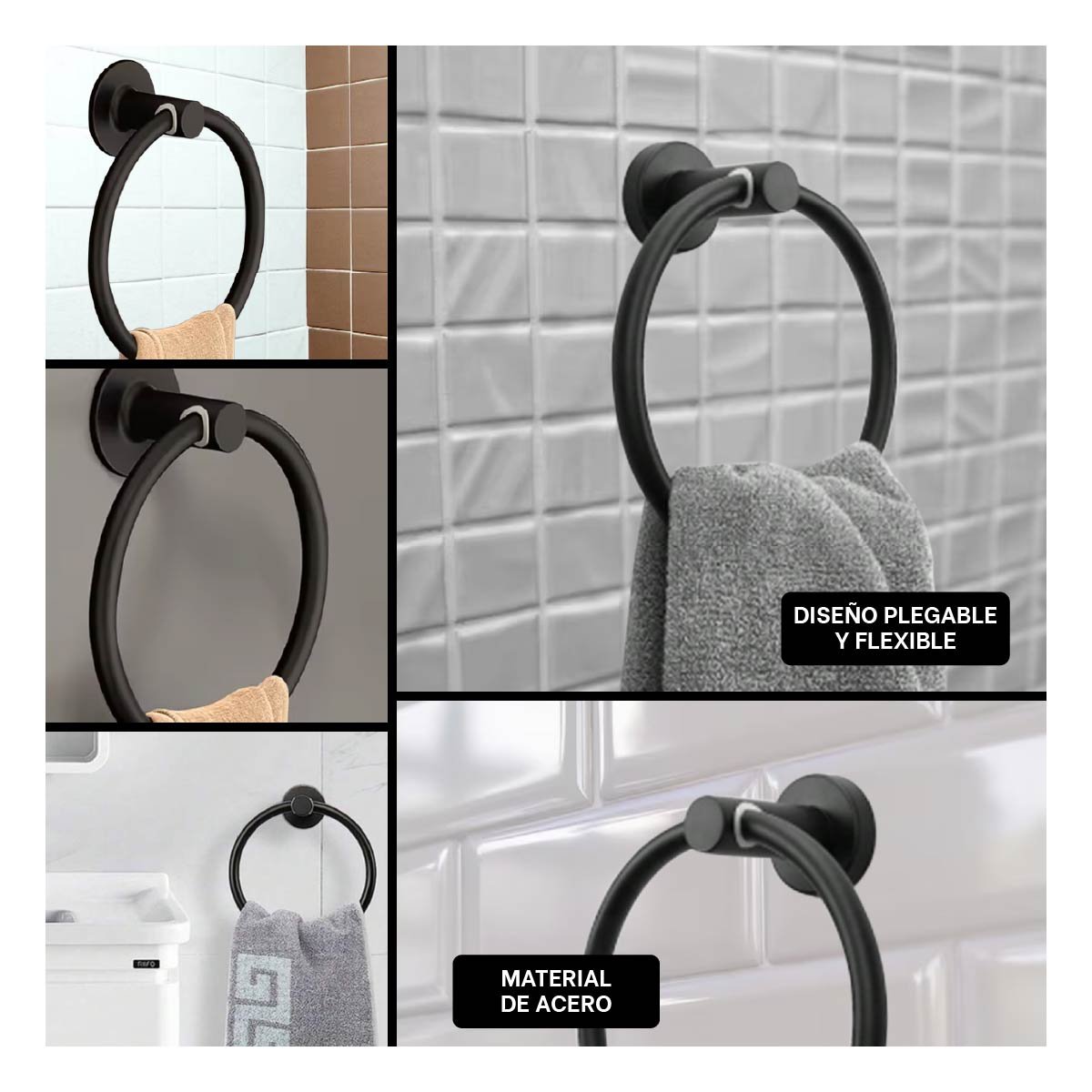 PACK2 ELEMENTO DE PARED PARA TOALLAS CON INSTALACION FACIL NEGRO Y+PAPEL REGALO - 3
