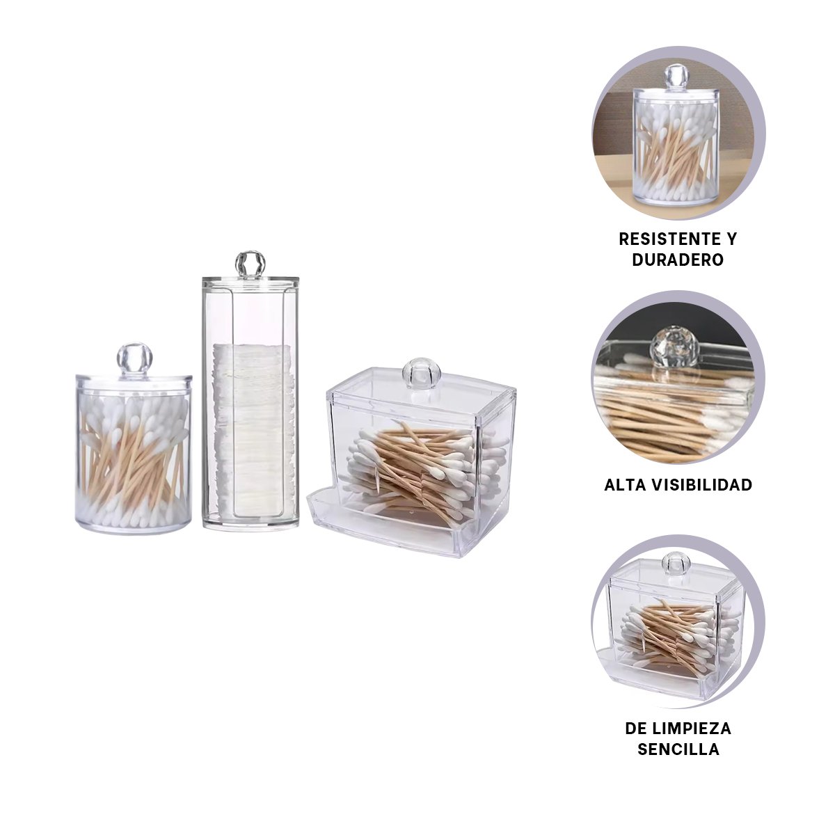 KIT DE ORGANIZADORES DE ACRILICO TRANSPARENTE PARA HISOPOS Y ALGODON USO DIARIO Y+POST IT - 5
