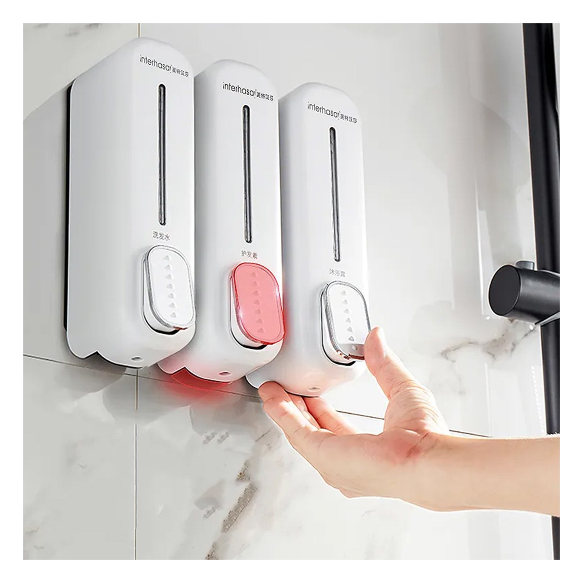 DISPENSADOR DE JABON MANUAL 300ML ESTILO MODERNO RECARGABLE BLANCO Y+REGALO STICKER - 5