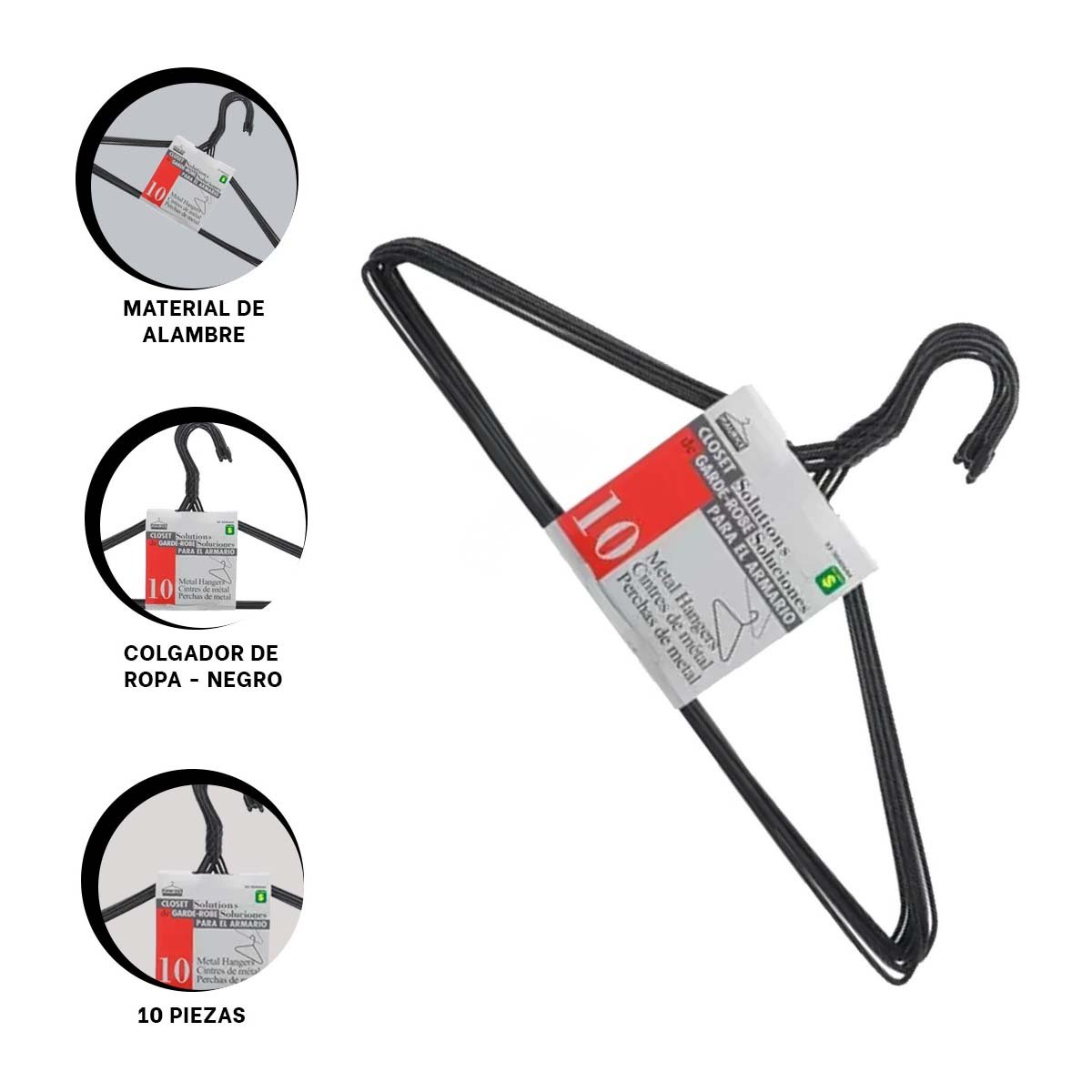 SUJETADOR DE ROPA DE ALAMBRE NEGRO CON 10 PIEZAS PARA HOGAR Y+POST IT - 5