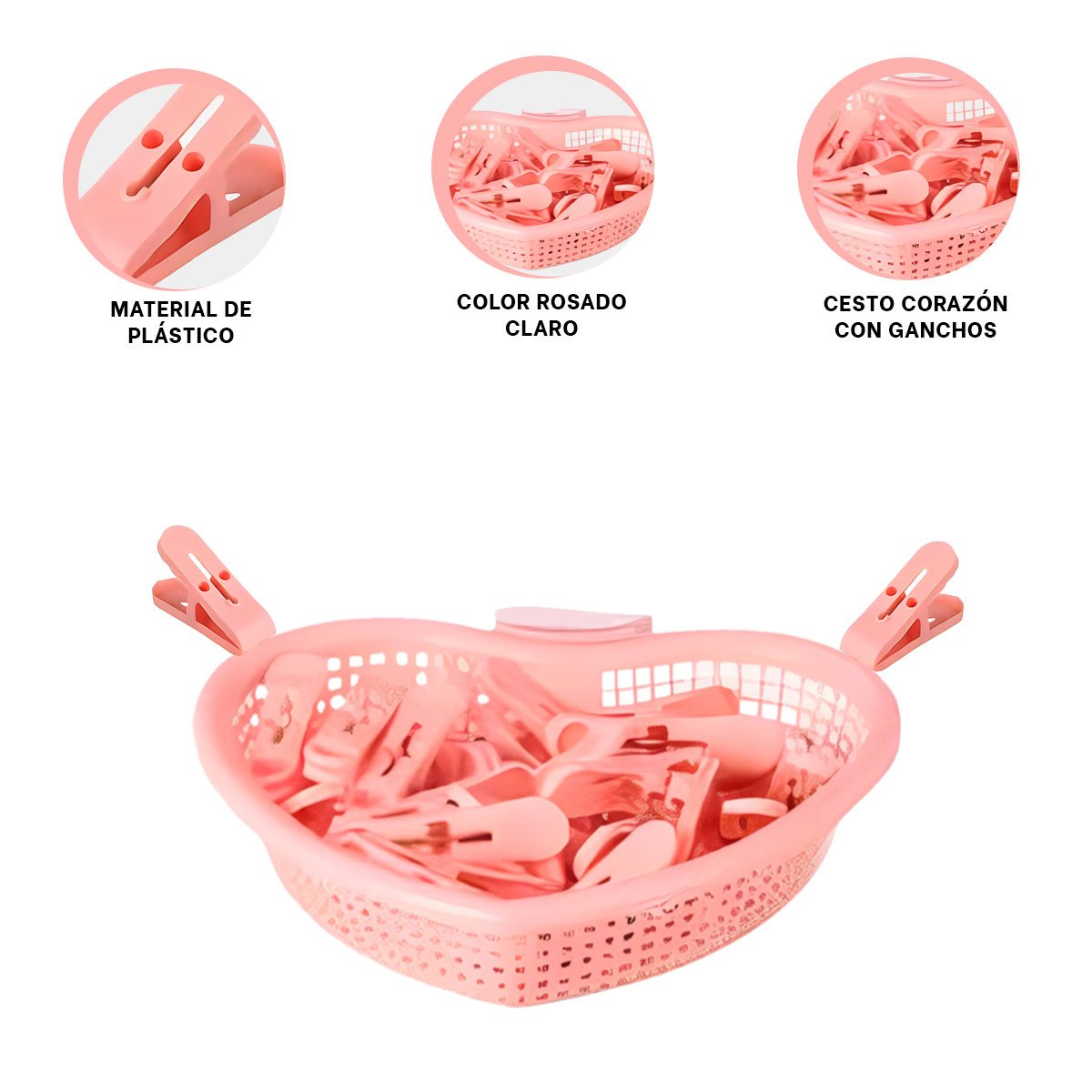 CONTENEDOR ROSADO CLARO EN FORMA DE CORAZON PARA ORGANIZAR GANCHOS DE ROPA Y+PAPEL REGALO - 5