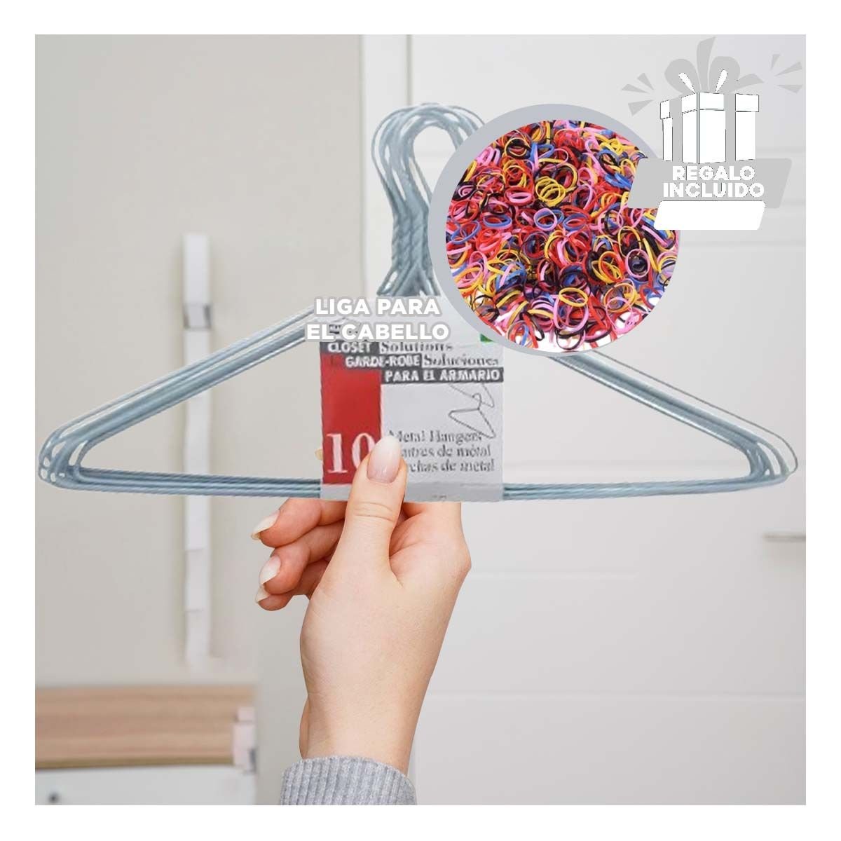 SOPORTE DE ROPA DE ALAMBRE PLOMO CON 10 PIEZAS 21X40CM PARA GUARDAR ROPA Y+LIGAS REGALO - 2
