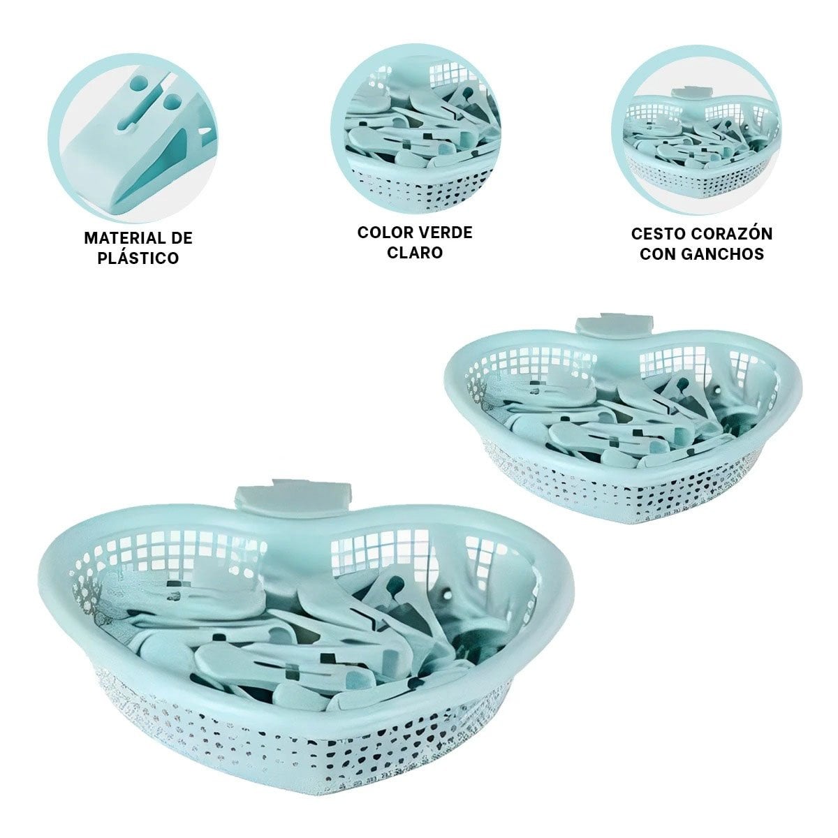 CONTENEDOR VERDE CLARO SILUETA DE CORAZON PARA GANCHOS DE ROPA Y+PAPEL REGALO - 5