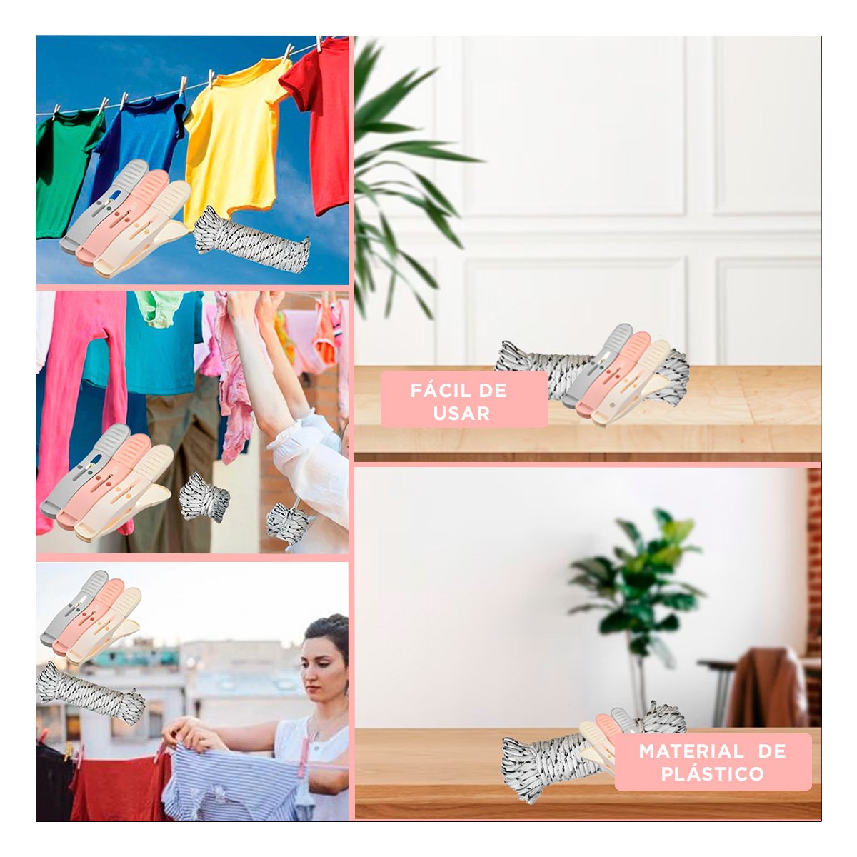 PACK12 GANCHOS DE PLASTICO MULTICOLOR PARA ROPA CON TRES COLORES Y CUERDA PARA CASA - 2