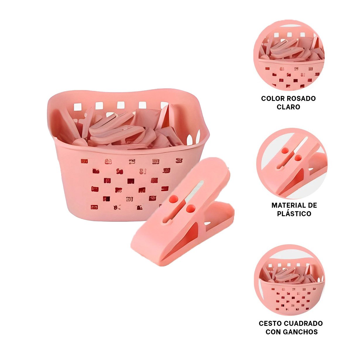 RECIPIENTE CUADRADO CON GANCHOS PARA ROPA ROSADO CLARO PARA ORDEN EN HOGAR Y+POST IT - 5
