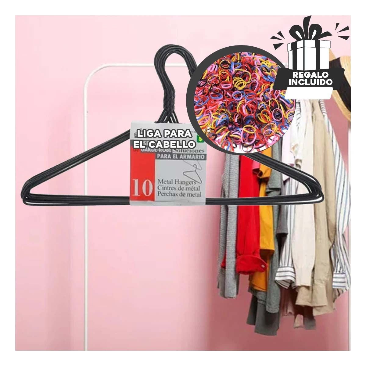 SOPORTE DE ROPA DE ALAMBRE NEGRO CON 10 PIEZAS PARA USO DIARIO Y+LIGAS REGALO - 2