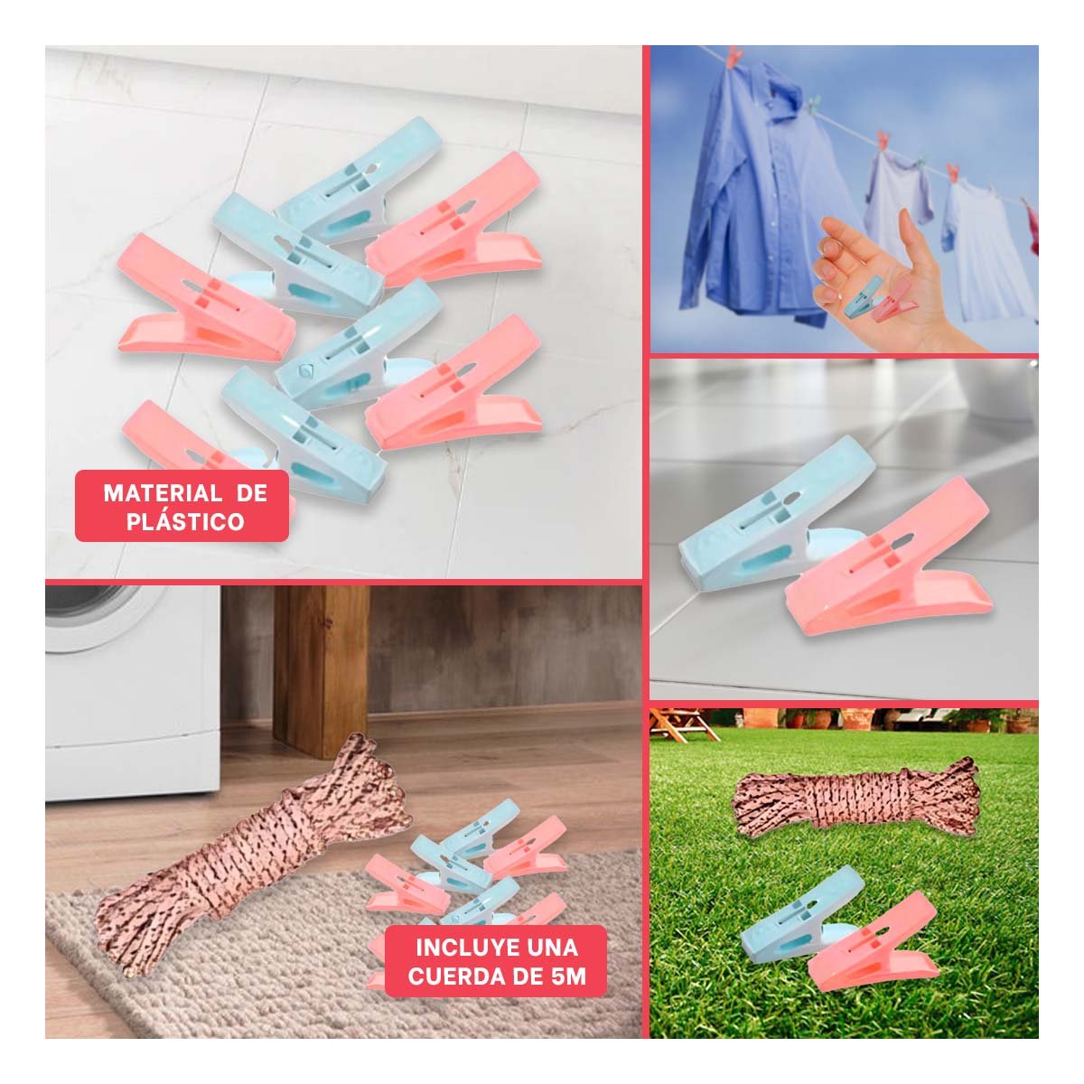 GANCHOS CUADRADOS PARA ROPA MULTICOLOR CON CUERDA PARA SECADO DIARIO EN CASA - 2