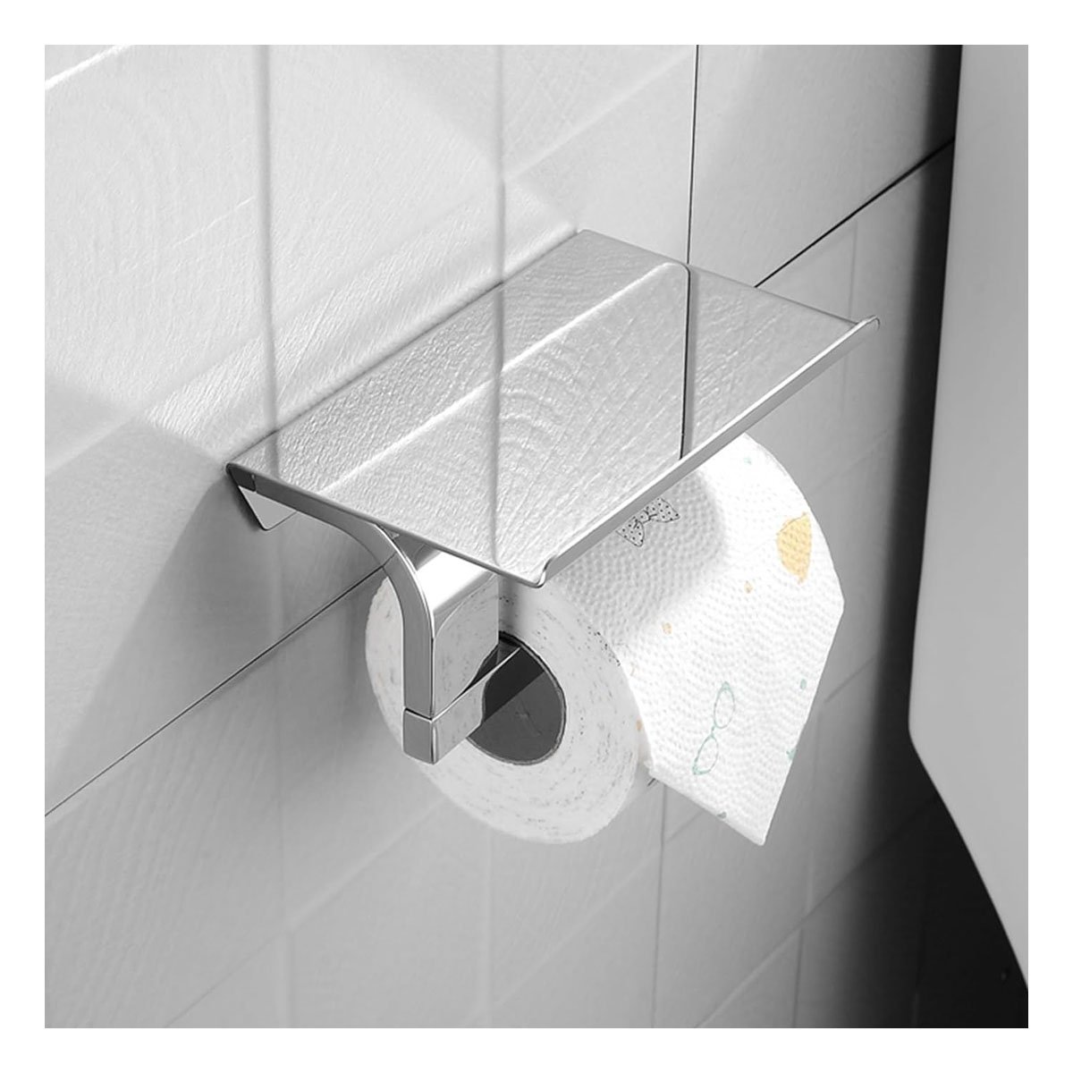 SOPORTE PARA PAPEL HIGIENICO CON ESTANTE PARA PARED ACERO PLATEADO HOGAR PLUS - 1