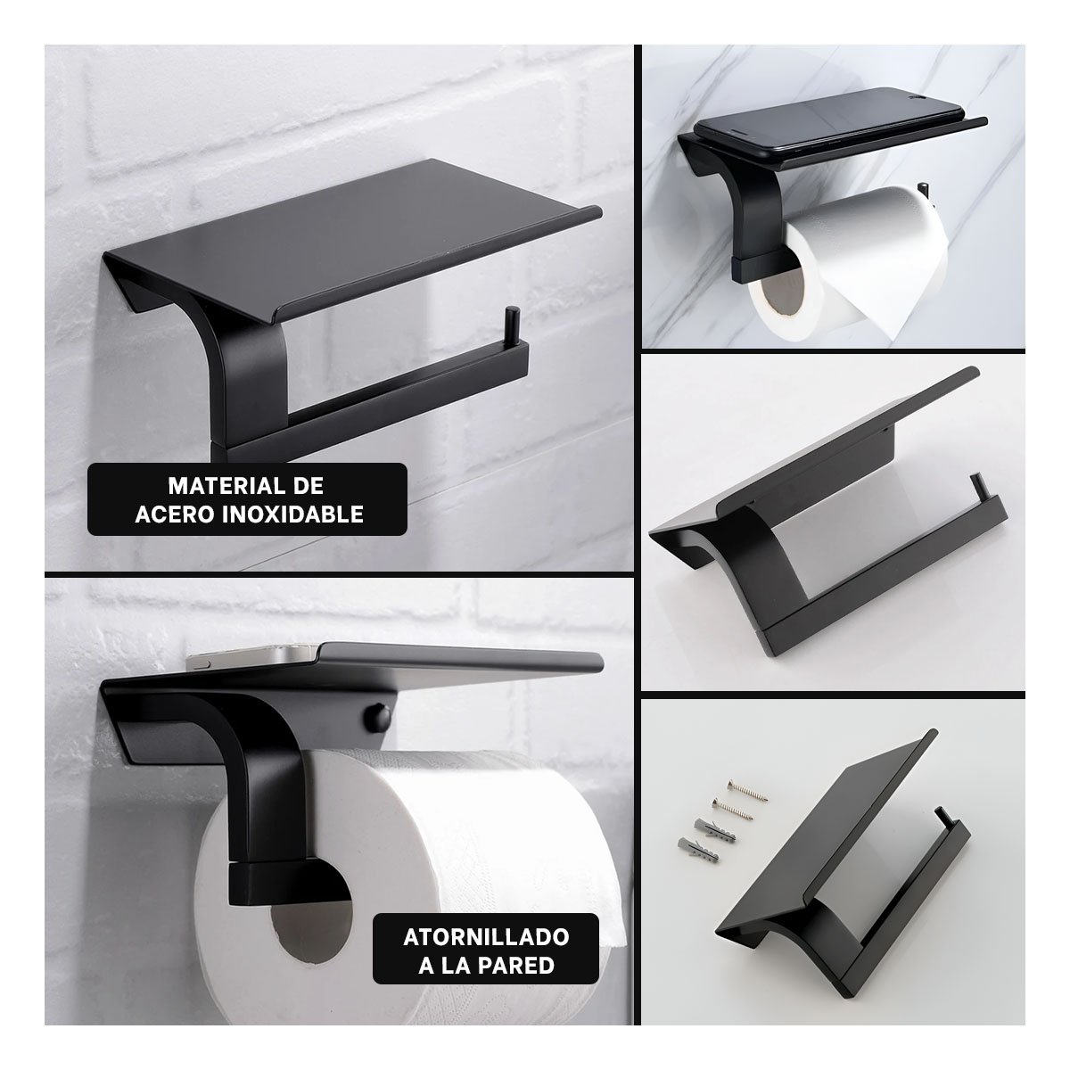 SOPORTE PARA PAPEL HIGIENICO CON BASE ESTABLE PARA PARED NEGRO TOP Y+LIGAS REGALO - 1