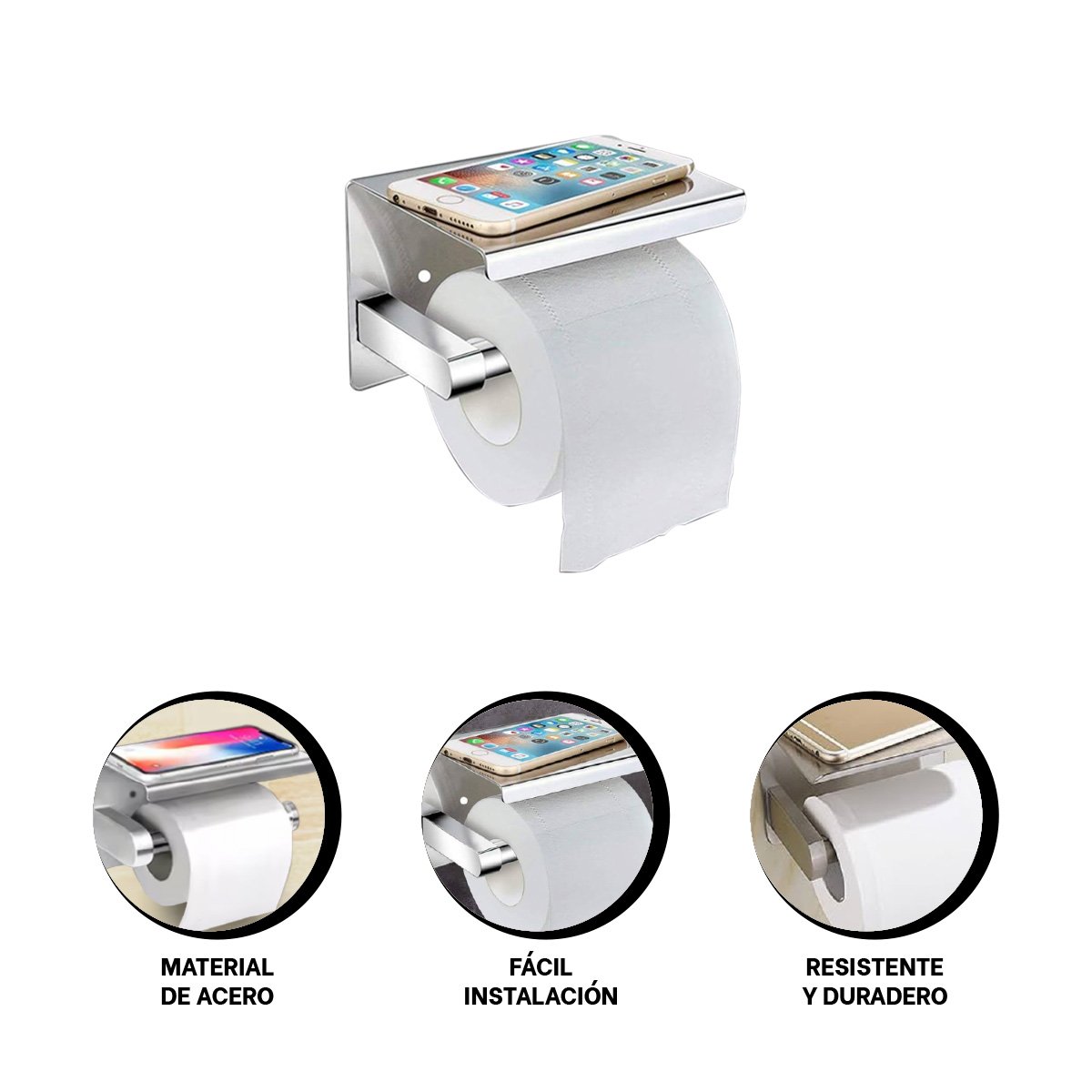 SOPORTE PARA PAPEL HIGIENICO CON ESTANTE FIJO PARA PARED COLOR PLATEADO PRO Y+PAPEL REGALO - 5