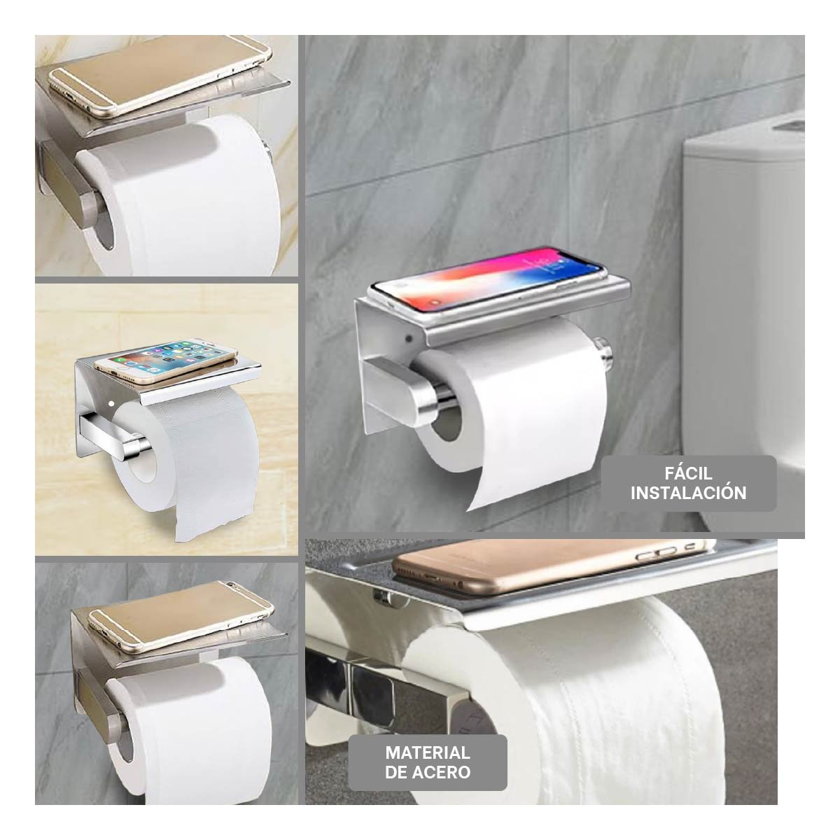 PACK6 DISPENSADOR PARA PAPEL HIGIENICO CON BASE RESISTENTE PARA PARED PLATEADO Y+PAPEL REGALO - 3