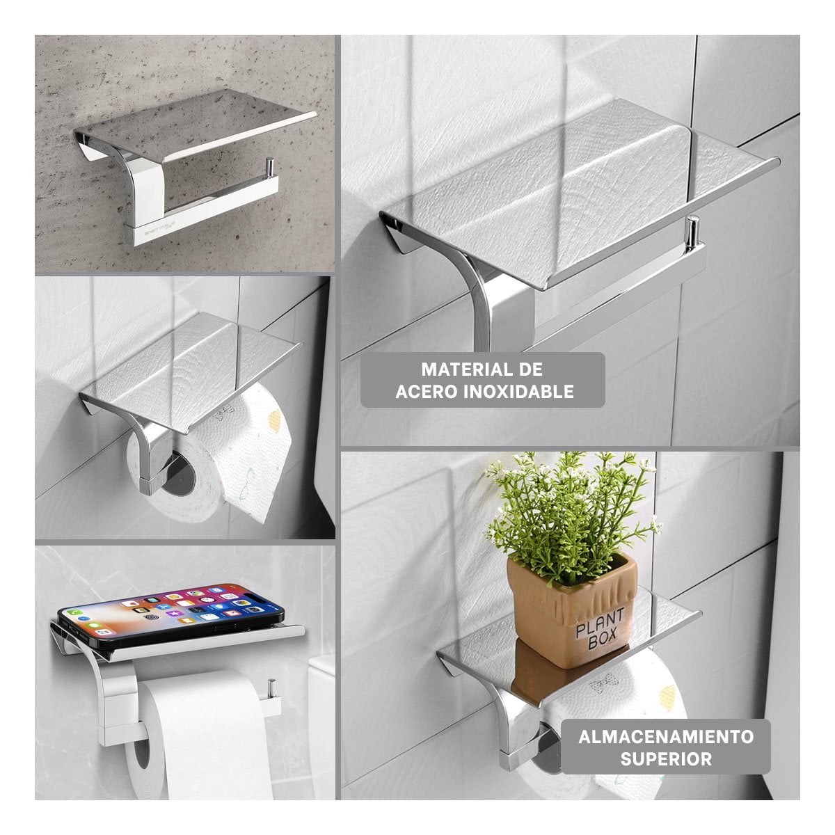 SOPORTE PARA PAPEL HIGIENICO CON BASE ESTABLE PARA PARED PLATEADO TOP Y+LIGAS REGALO - 1