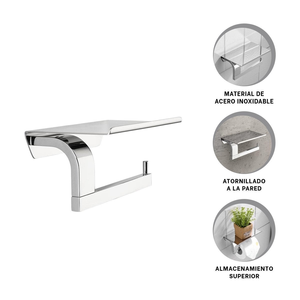 SOPORTE PARA PAPEL HIGIENICO CON ESTANTE FIJO PARA PARED COLOR PLATEADO PRO Y+PAPEL REGALO - 5
