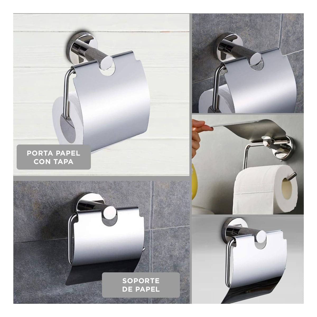 SOPORTE PARA PAPEL HIGIENICO CON TAPA PARA PARED ACERO PLATEADO HOGAR PLUS - 2