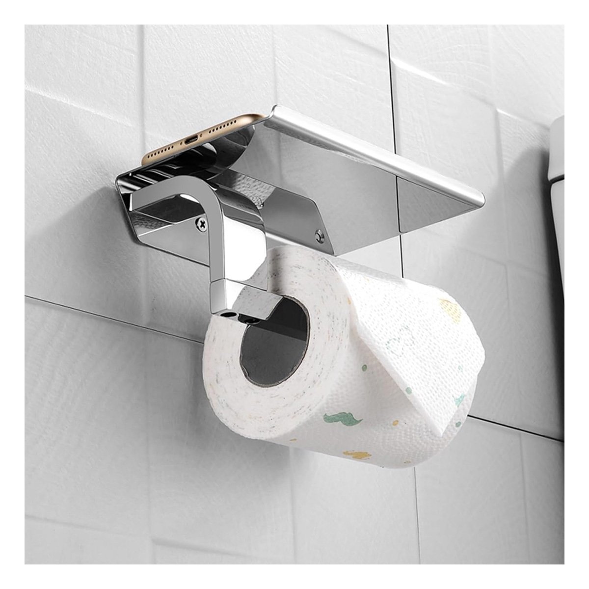 PACK2 SUJETADOR PARA PAPEL HIGIENICO CON ESTANTE PARA PARED ACERO PLATEADO - 5