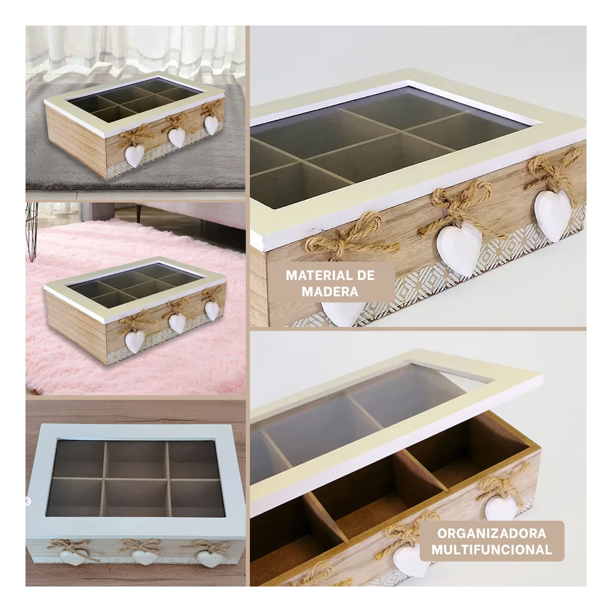 CAJITA DE MADERA CON 6 DIVISIONES DECORATIVAS CON CORAZONES PARA ORGANIZACION HOGAR - 2