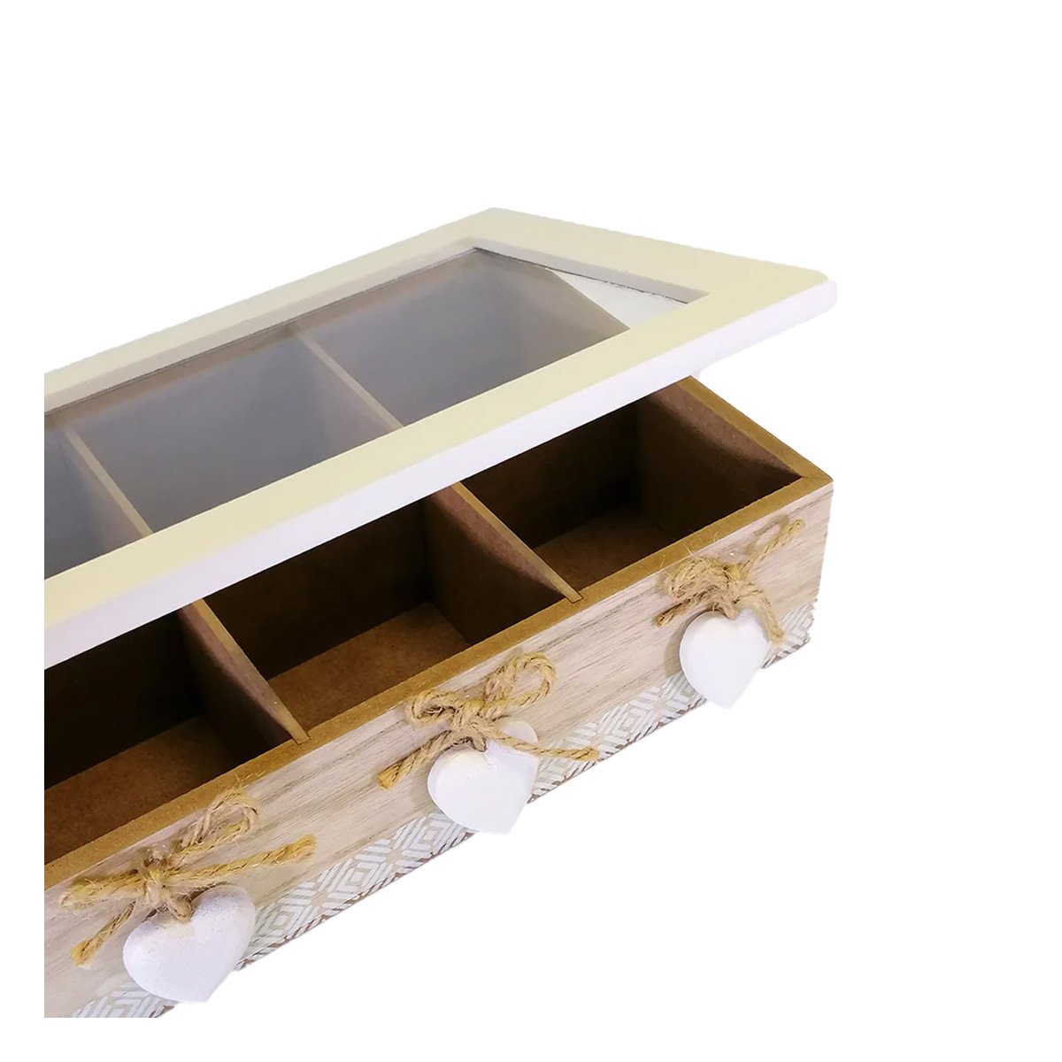 PACK2 ESTUCHE DECORATIVO DE MADERA CON 6 DIVISIONES Y CORAZONES PARA HOGAR Y+REGALO STICKER - 2