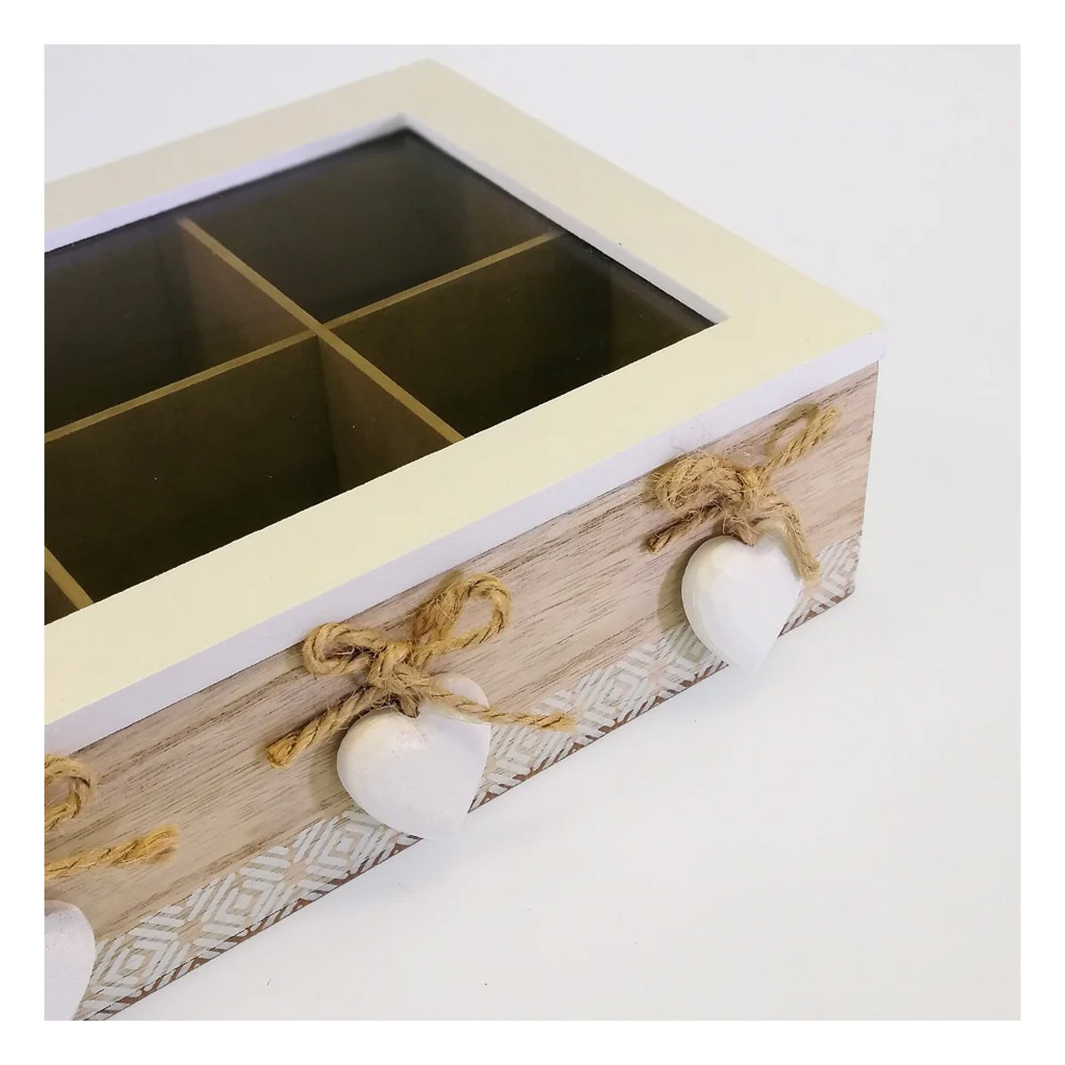 PACK2 ESTUCHE DECORATIVO DE MADERA CON 6 DIVISIONES Y CORAZONES PARA HOGAR Y+REGALO STICKER - 3