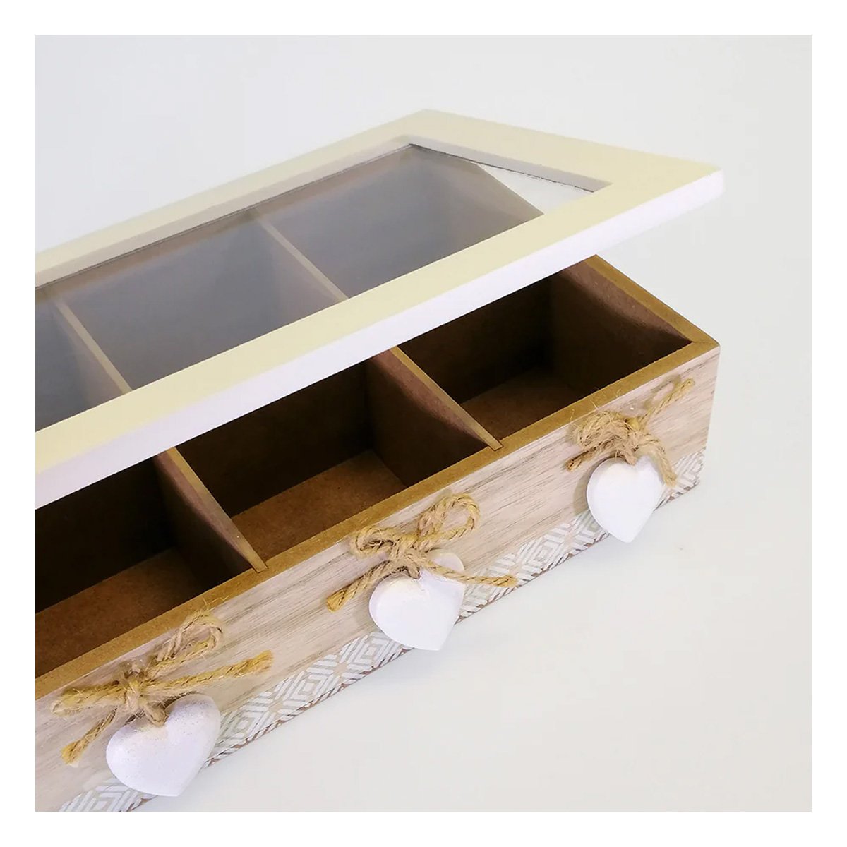 PACK2 ESTUCHE DECORATIVO DE MADERA CON 6 DIVISIONES Y CORAZONES PARA HOGAR Y+REGALO STICKER - 5