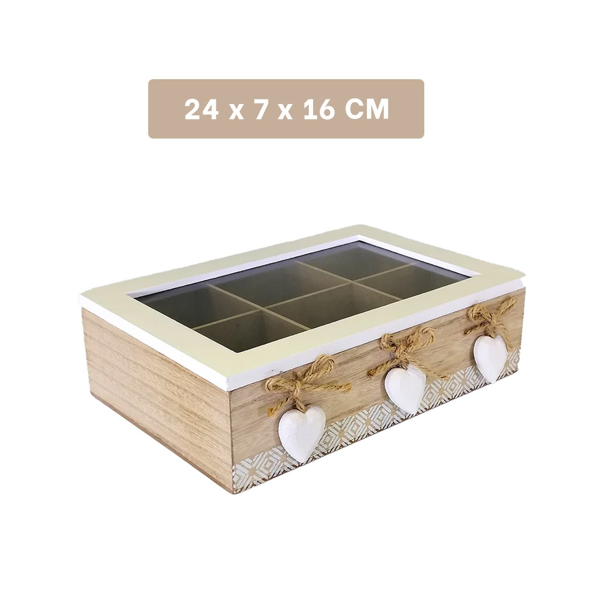 PACK2 CAJA DECORATIVA DE MADERA CON 6 DIVISIONES Y CORAZONES PARA ORGANIZACION Y+PAPEL REGALO - 4