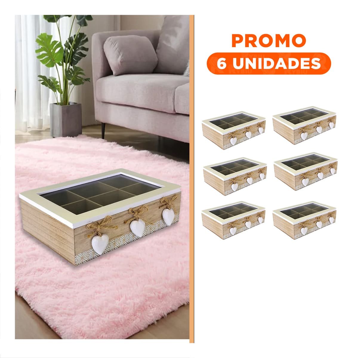 PACK6 MODULO DECORATIVO DE MADERA CON 6 DIVISIONES Y CORAZONES DE ORGANIZACION Y+REGALO STICKER - 1
