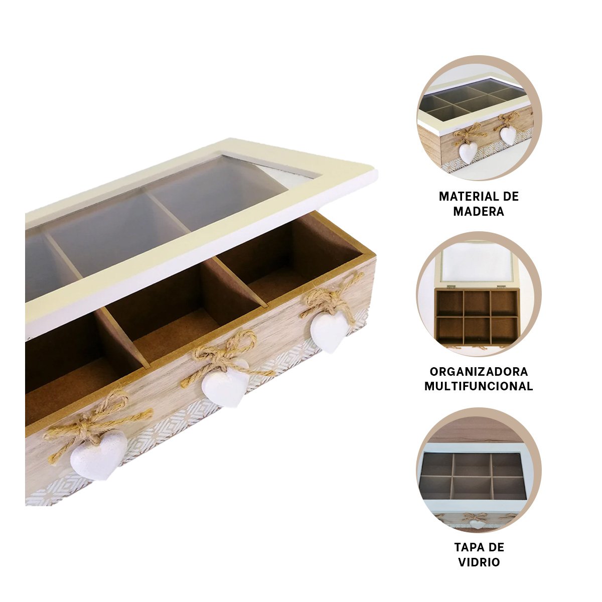 CAJA DE MADERA CON 6 DIVISIONES DECORATIVAS CON CORAZONES DE ORGANIZACION HOGAR Y+PAPEL REGALO - 5