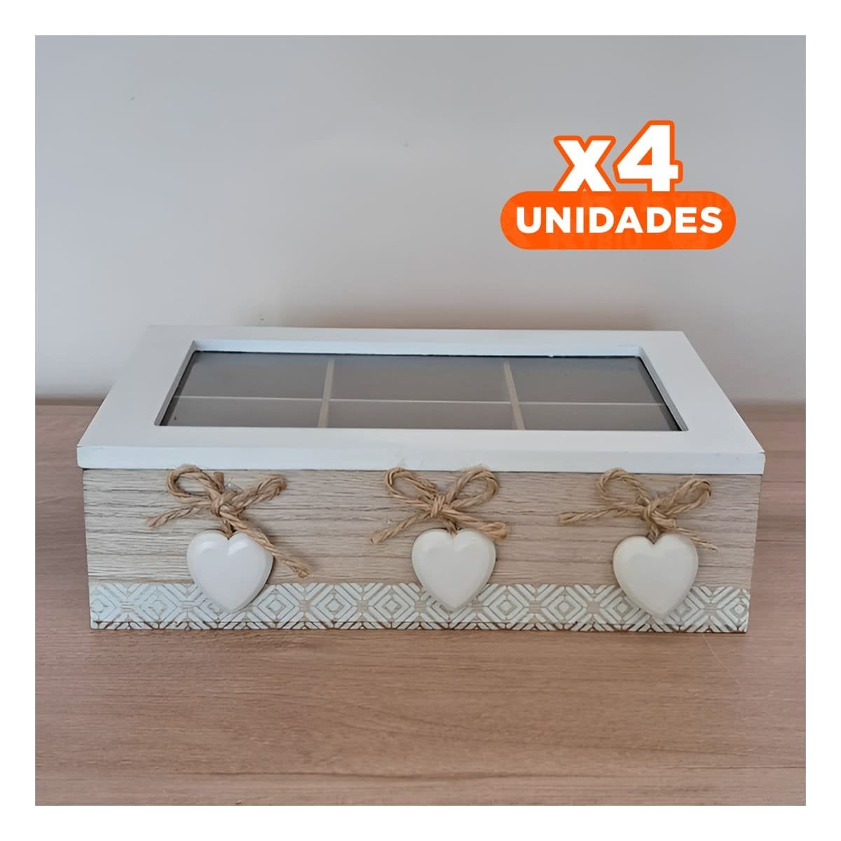 PACK4 CONTENEDOR DECORATIVO DE MADERA CON 6 DIVISIONES Y CORAZONES DE USO DIARIO Y+PAPEL REGALO - 1