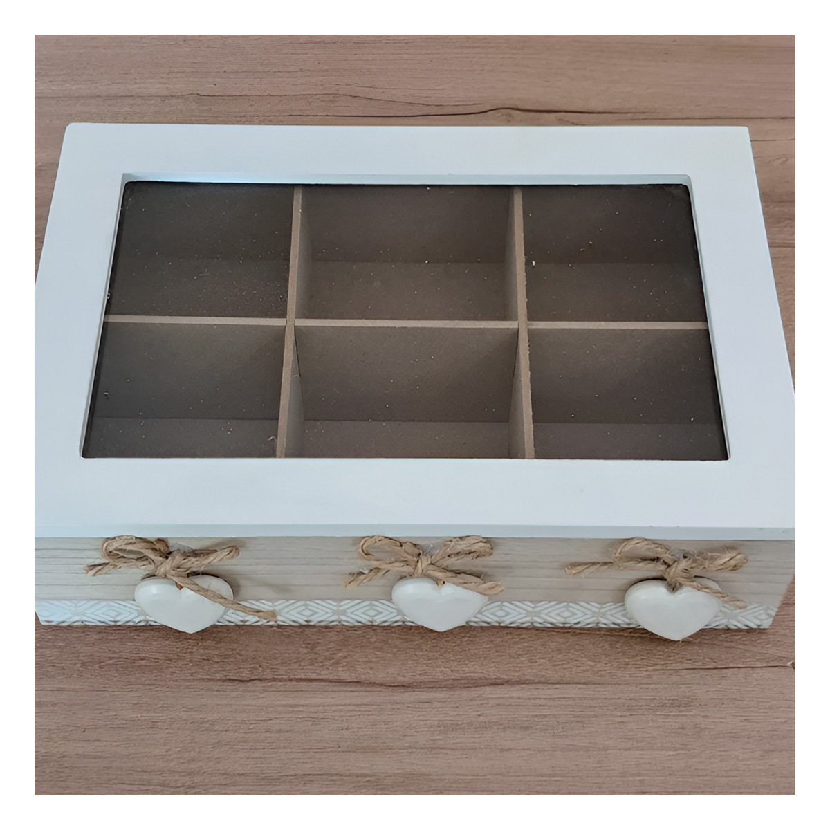 PACK4 CONTENEDOR DECORATIVO DE MADERA CON 6 DIVISIONES Y CORAZONES DE USO DIARIO Y+PAPEL REGALO - 2