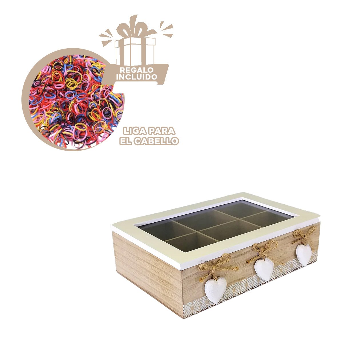 ORGANIZADOR DE MADERA CON 6 DIVISIONES DECORATIVAS CON CORAZONES PARA HOGAR Y+LIGAS REGALO - 2