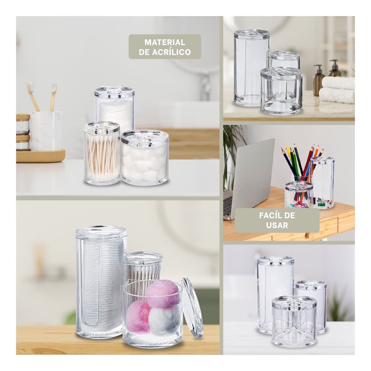 RECIPIENTE ACRILICO 3 ESPACIOS TUBULARES CON TAPA PARA EL HOGAR TRANSPARENTE Y+LIGAS REGALO - 1