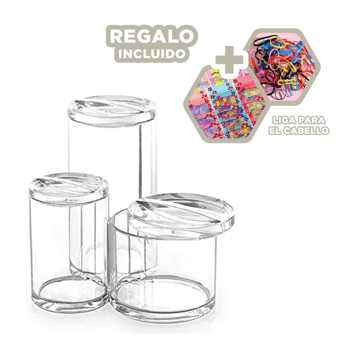 RECIPIENTE ACRILICO 3 ESPACIOS TUBULARES CON TAPA PARA EL HOGAR TRANSPARENTE Y+LIGAS REGALO - 2