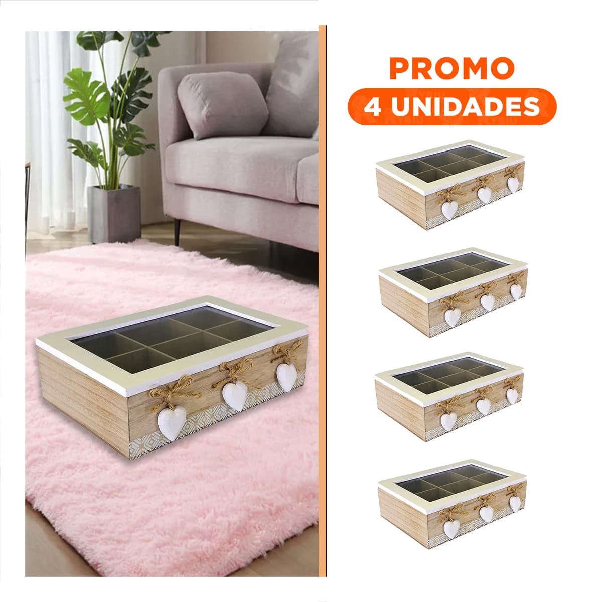 PACK4 RECIPIENTE DECORATIVO DE MADERA CON 6 DIVISIONES Y CORAZONES PARA CASA - 1