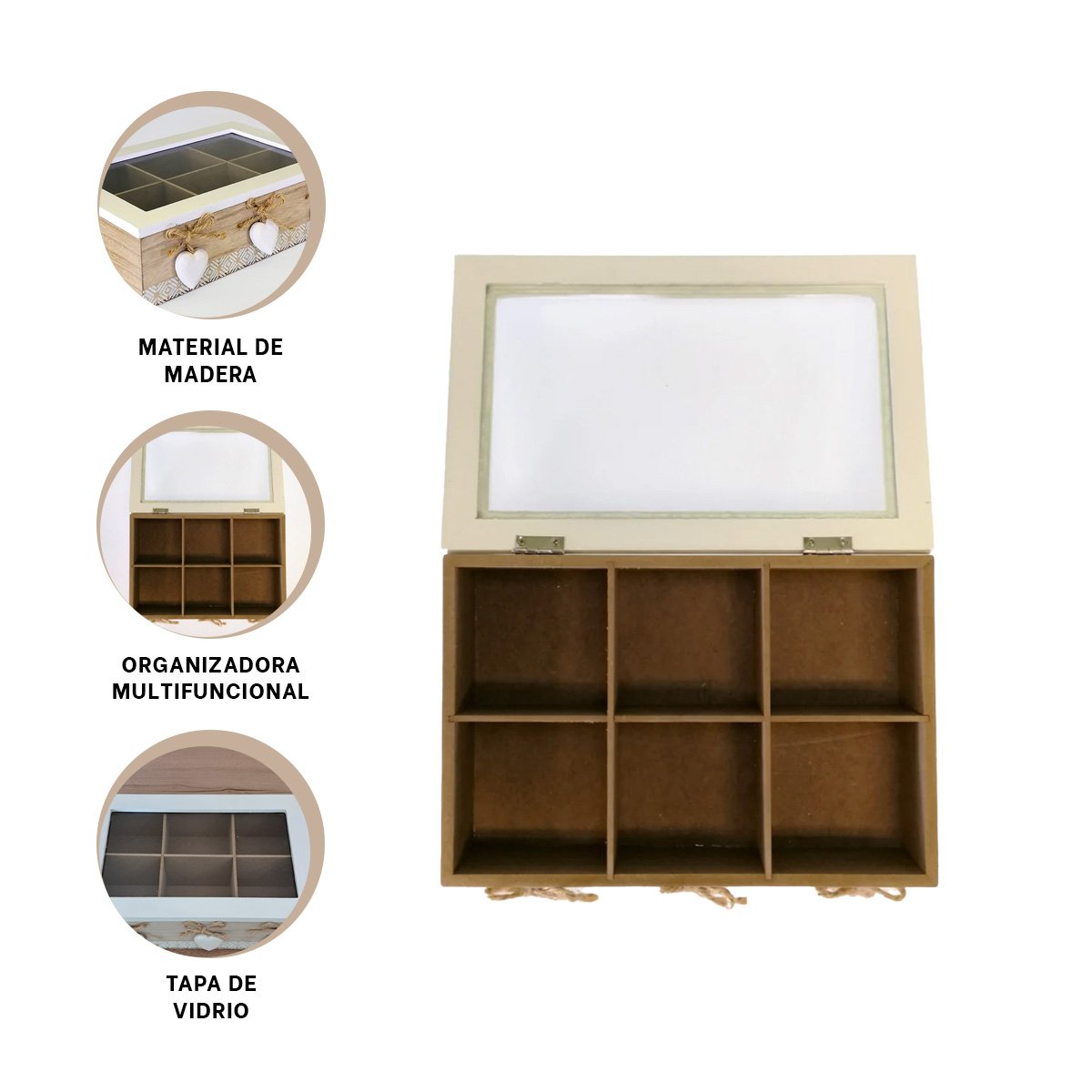 CONTENEDOR DE MADERA CON 6 DIVISIONES DECORATIVAS CON CORAZONES PARA CASA Y+POST IT - 5