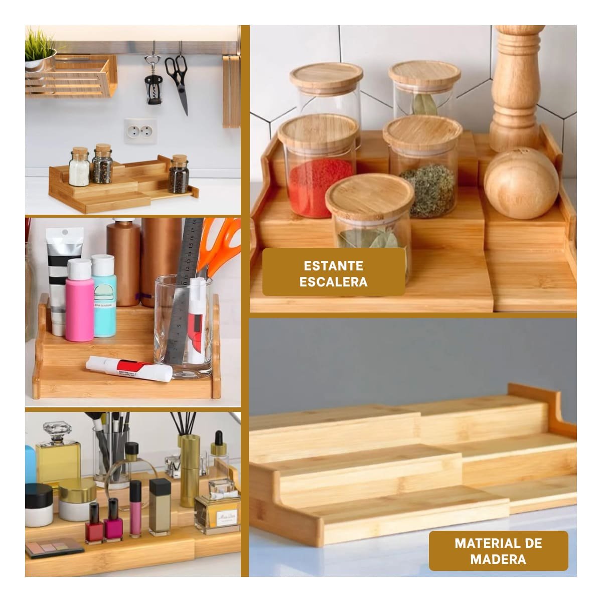 REPISA ESCALERA DE MADERA CON TRES NIVELES EXTENDIBLE PARA ORDEN EN HOGAR Y+PAPEL REGALO - 3