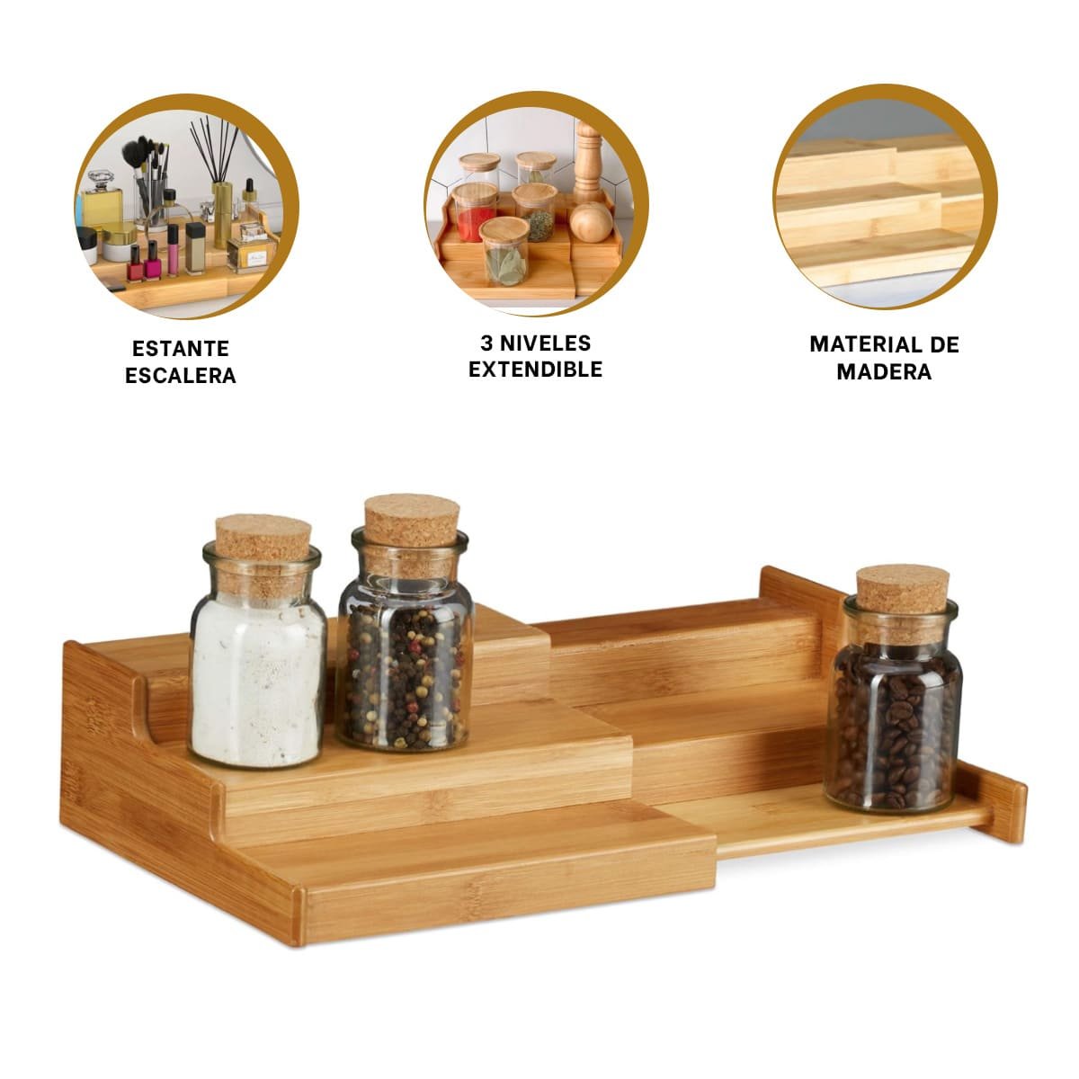 REPISA ESCALERA DE MADERA CON TRES NIVELES EXTENDIBLE PARA ORDEN EN HOGAR Y+PAPEL REGALO - 5