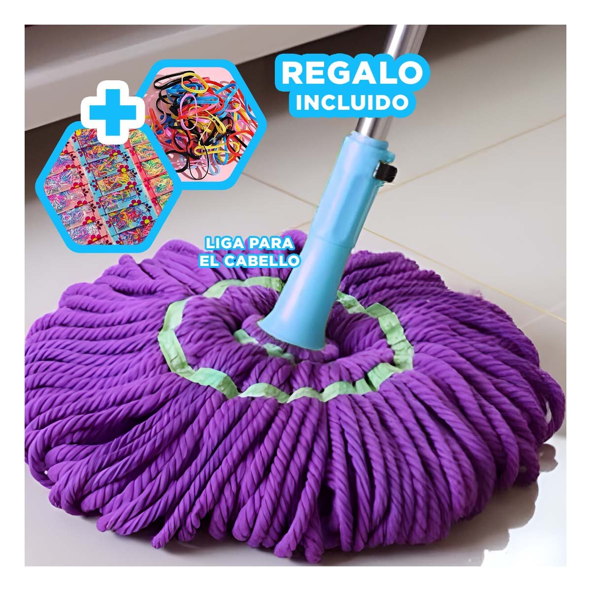 RECOLECTOR GIRATORIO CON AUTOEXPRIMIDOR INTEGRADO Y MANGO LARGO PARA LIMPIEZA Y+LIGAS REGALO - 2