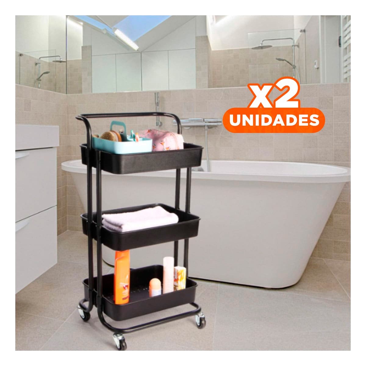 PACK2 CARRO AUXILIAR 3 NIVELES CON RUEDAS Y MANGO GRANDE PARA ESPACIOS INTERIORES - 1