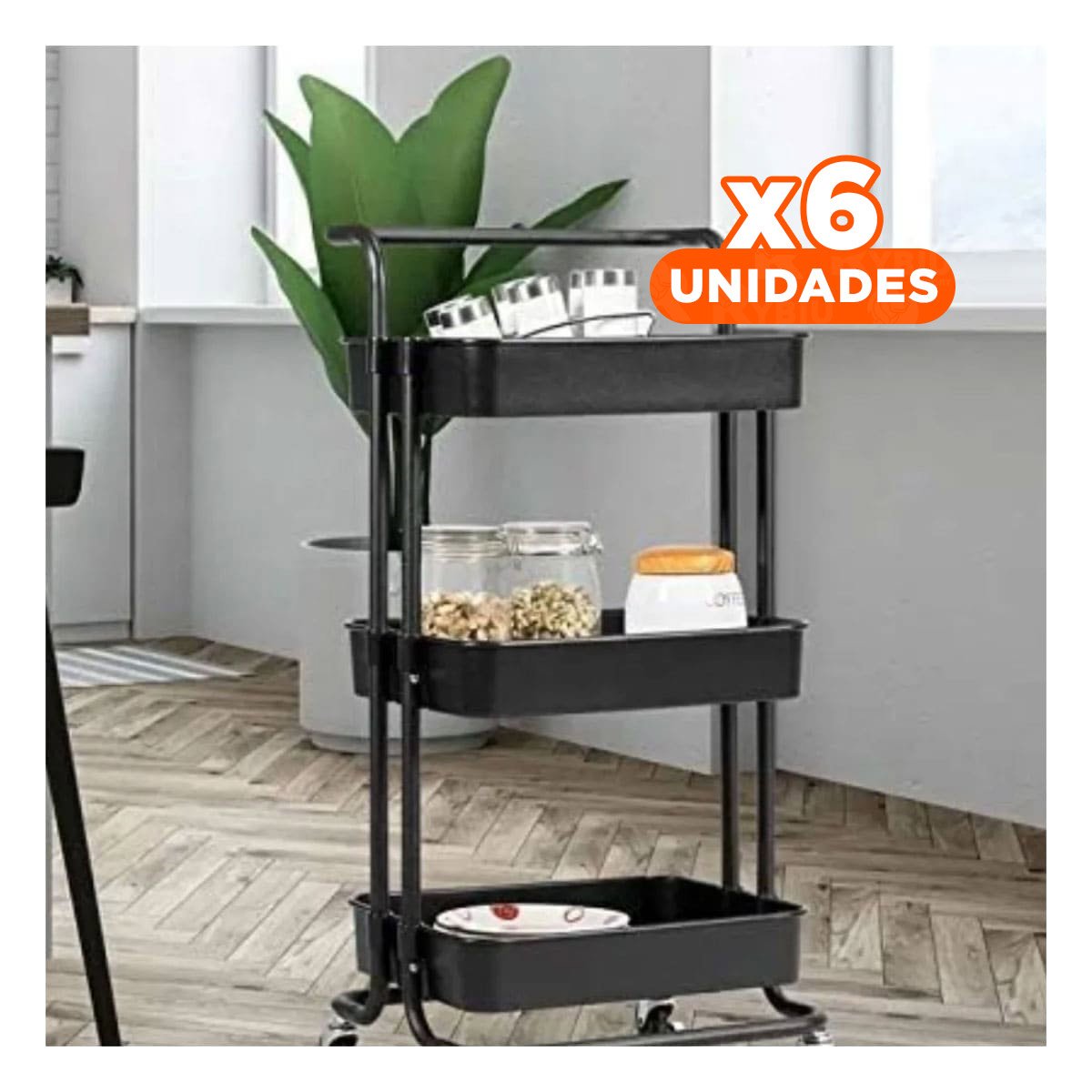 PACK6 MUEBLE AUXILIAR 3 NIVELES CON RUEDAS Y MANGO GRANDE PARA ORDEN FUNCIONAL - 1