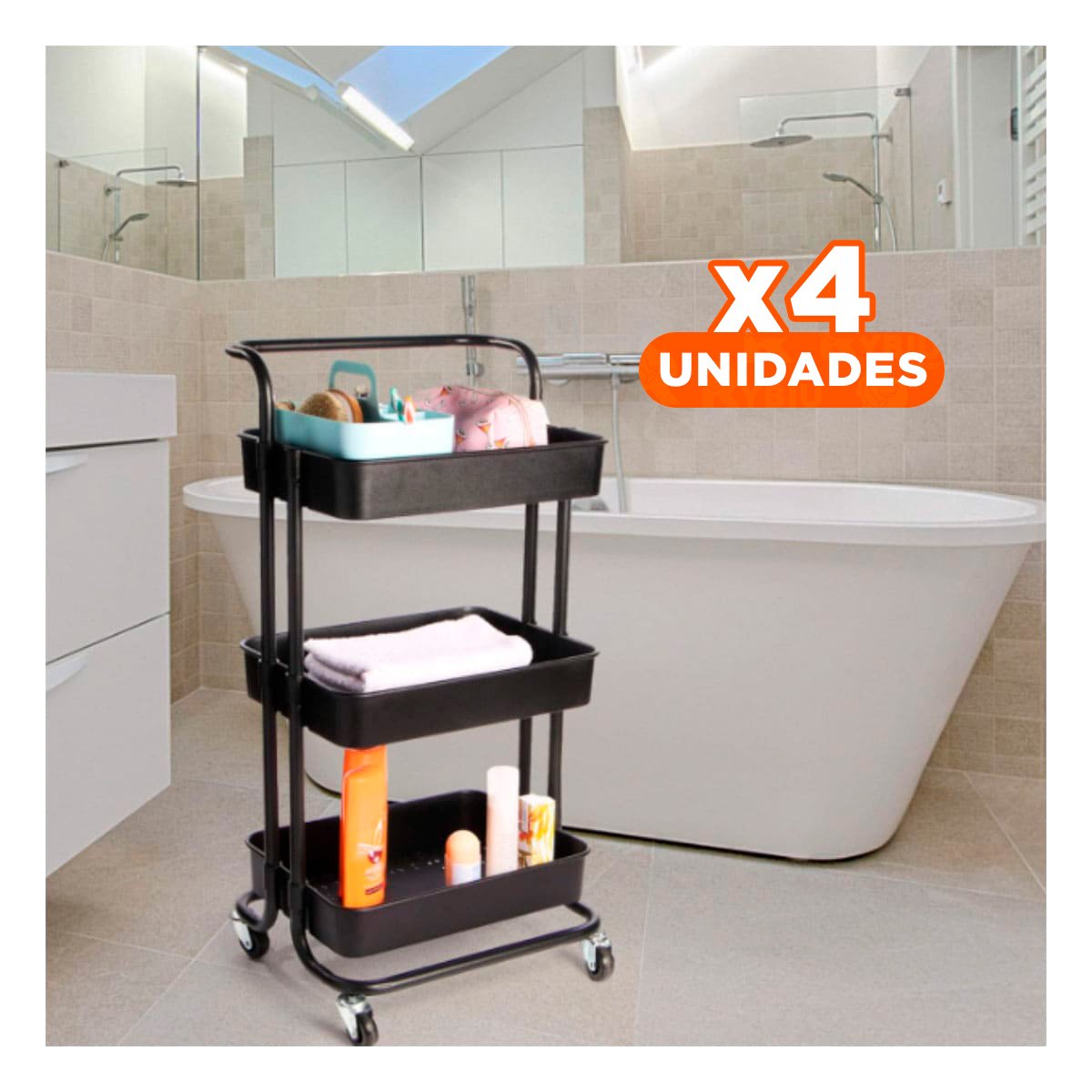 PACK4 ORGANIZADOR MOVIL 3 NIVELES CON RUEDAS Y MANGO GRANDE PARA CASA Y+REGALO STICKER - 1