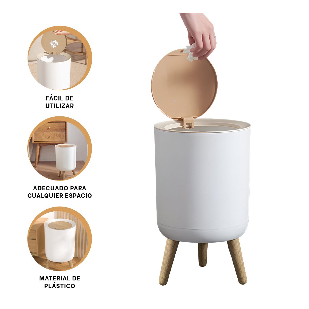 CONTENEDOR DE BASURA CON TAPA PUSH Y PATITAS PARA USO DOMESTICO FUNCIONAL Y+POST IT - 5