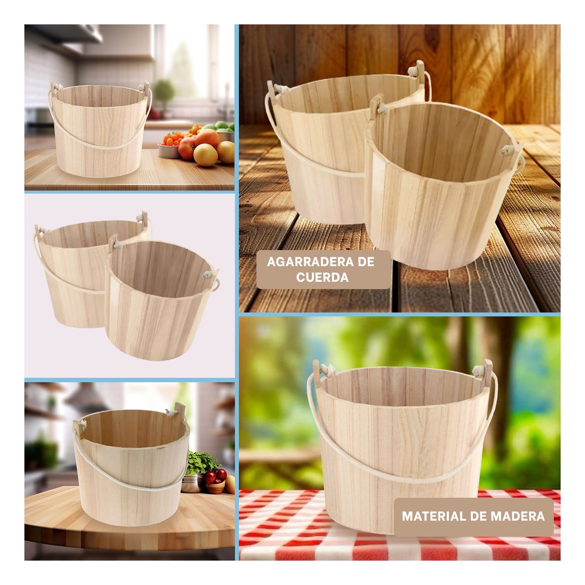 RECIPIENTE DE MADERA CON AGARRADERA DE CUERDA PARA DECORACION Y USO PRACTICO Y+PAPEL REGALO - 3