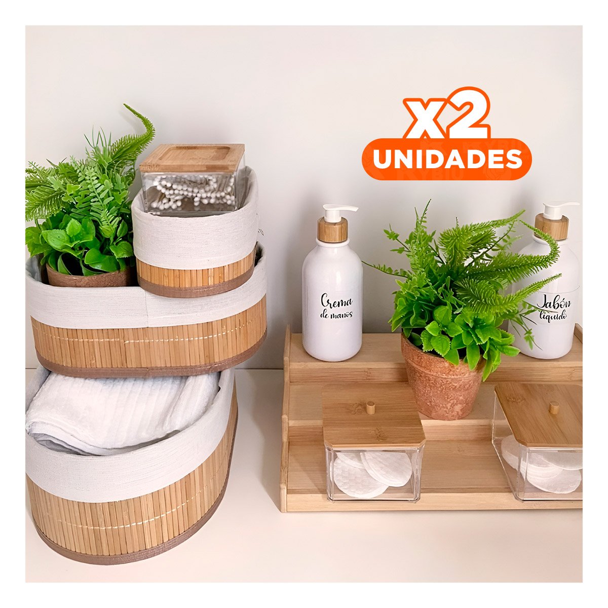 PACK2 CANASTAS PRACTICAS DE BAMBU Y TELA PARA AMBIENTES ORGANIZADOS Y+PAPEL REGALO - 1