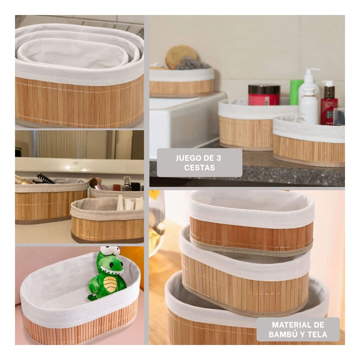 CONTENEDORES OVALADOS DE BAMBU Y TELA PARA DECORACION NATURAL EN EL HOGAR Y+LIGAS REGALO - 1