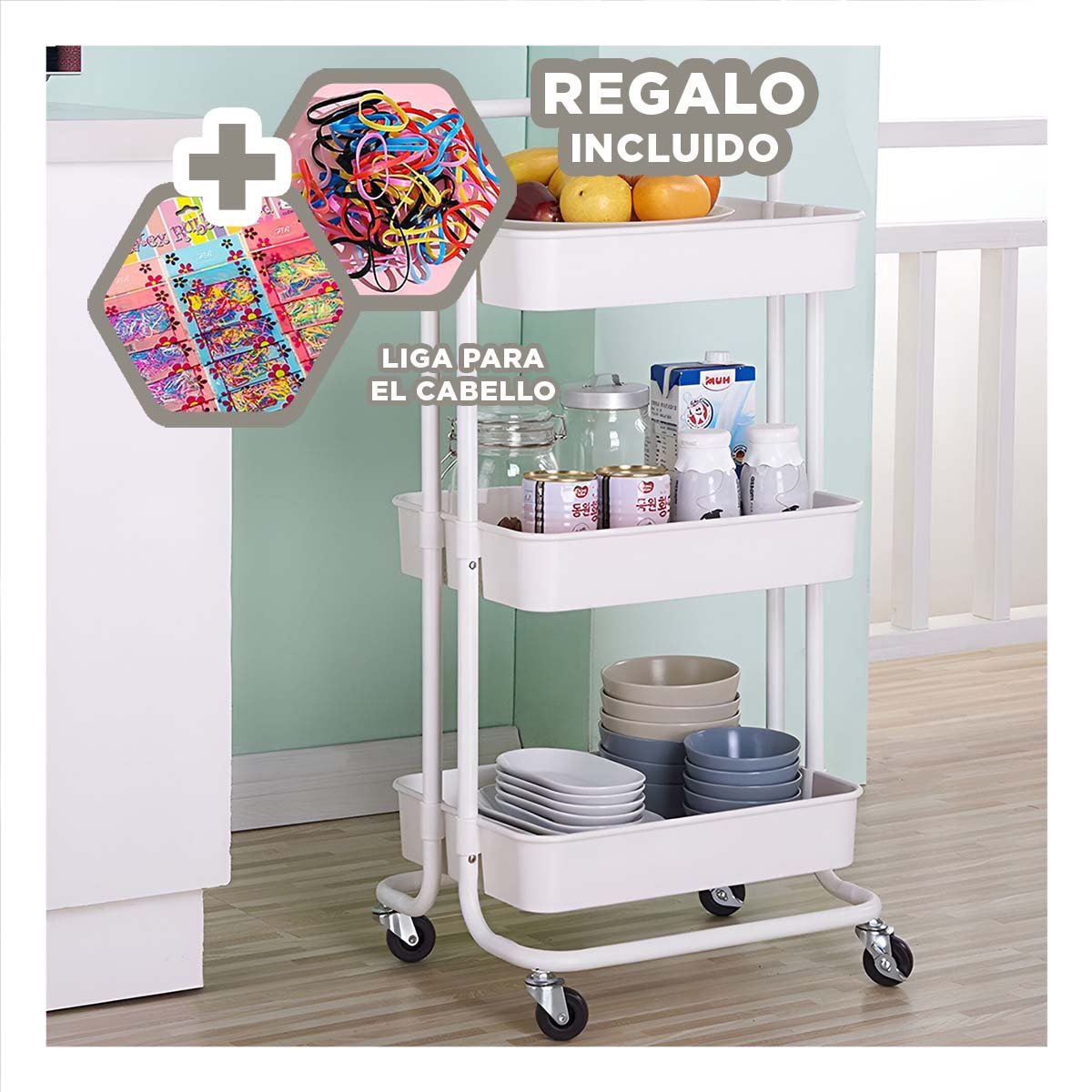 REPISA 3 NIVELES CON RUEDAS Y MANGO GRANDE PARA ALMACENAMIENTO PRACTICO Y+LIGAS REGALO - 2