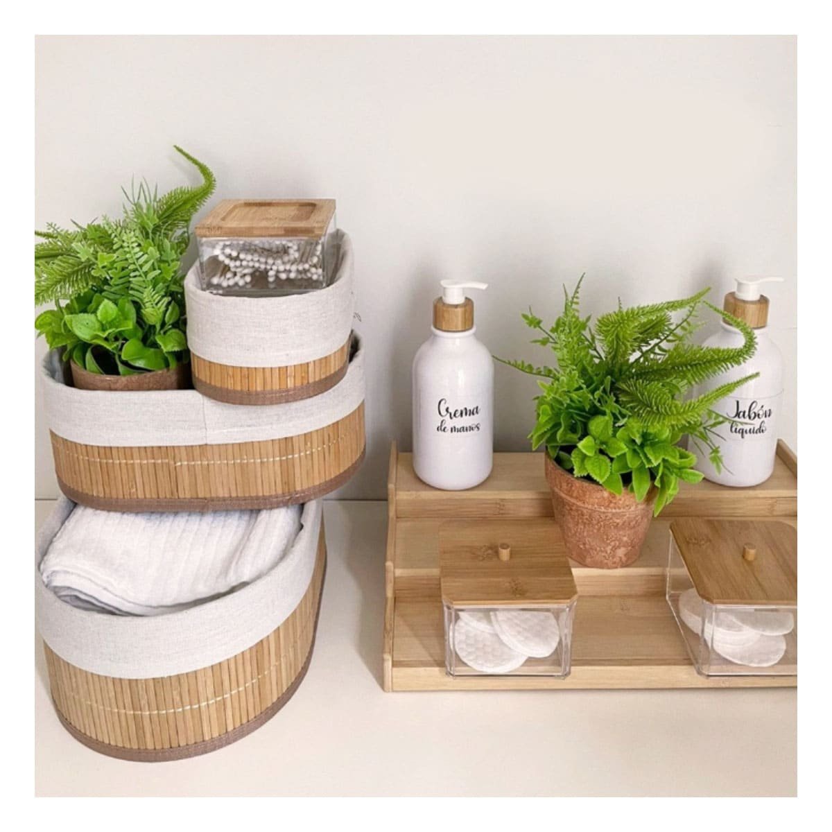 CANASTAS OVALADAS DE BAMBU Y TELA PARA USO DECORATIVO EN ESPACIOS DEL HOGAR Y+PAPEL REGALO - 2